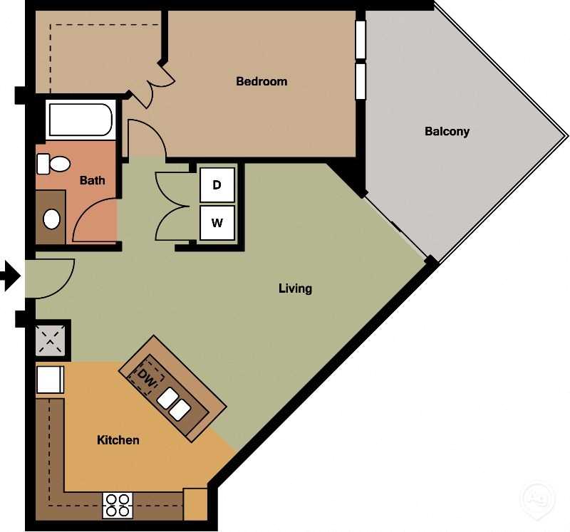 Floor plan for 1 bed, 1 bath, 855 sqft